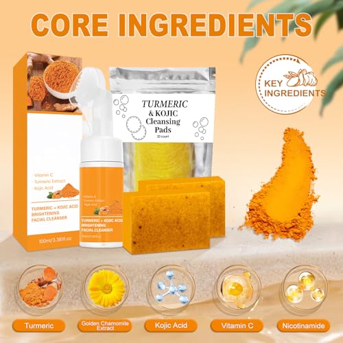 Turmeric Wash and Care Set, 3-Piece Turmeric Skincare Set:Turmeric Facial Wash with Brush,Cleansing Pad,Soap bar, Deep Cleansing for Face & Body