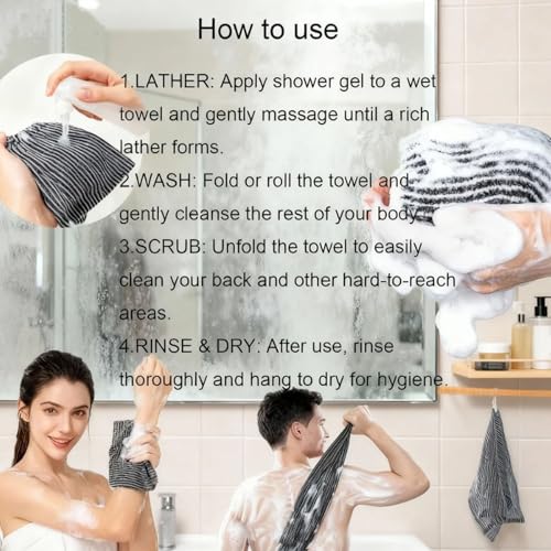 Exfoliating Shower Towel, Extra Long Rip-Resistant Body Back Scrubber, Deep Cleansing Skin-Friendly Exfoliating Washcloth for Men and Women (1 PCS)