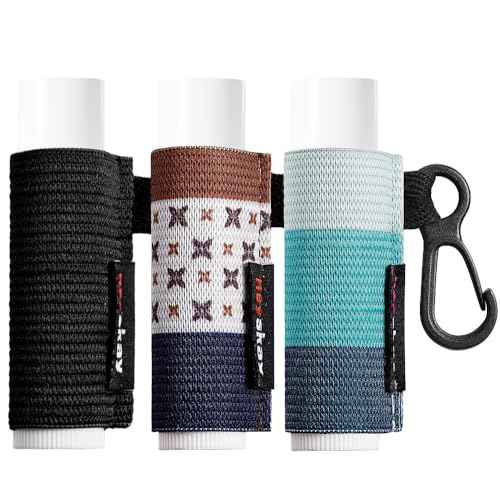 HEYSKAY 3PCS Lip Balm Holder Sleeves Chapstick Holder Keychain Lip Gloss Holder Keychain Elastic Sleeves (Black/light blue strip/dark blue strip)