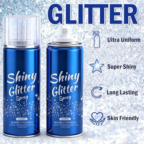 Body Glitter, Glitter Spray for Hair & Body & Face, Hairspray Clothes, Holographic Ultra Long-Lasting Shimmer Suitable Stage, Festival Rave Makeup Prom, Spray for Kids Women Men, Silver
