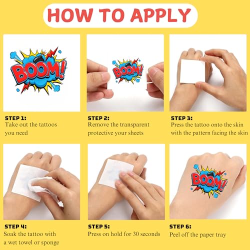 Hero Temporary Tattoos for Kids - 96 PCS Pre Cut Cute Hero Comic Boom Wow Bang Pow Omg Themed Tattoo Stickers for Birthday Party Decorations Favors Supplies Goodie Bag Fillers Gifts for Boys Girls