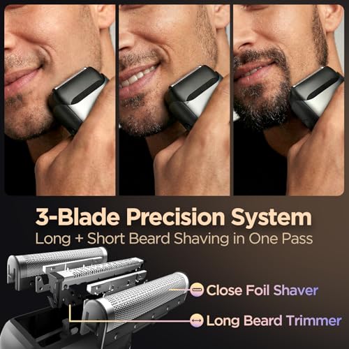 Yineel VT100 Electric Foil Shavers for Men, Pocket-Sized with Case, Mini Electric Razor for Close Face Shaver, 3 Floating Blades, IPX7 Waterproof & Travel-Friendly/Home Use, Gifts for Men