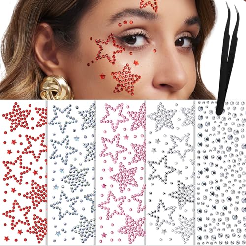 Self Adhesive Star Face Gems Stickers – 5 Sheets Y2K Rhinestone Jewels