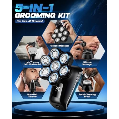 Head Shavers for Blad Men, 7D Floating Blades Electric Head Shaver, IPX7 Waterproof Wet Dry Bald Head Shaver, Magnetic Detachable Rechargable Head Shavers, Gifts for Man Male Father Husband