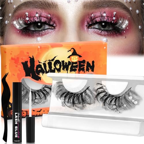 Veleasha Christmas Lashes Wispy Lashes with Pearl & White Stripes 20mm Cosplay False Eyelashes 3D Fake Lashes Kit with Lash Glue and Tweezers Handmade False Lashes for Masquerade Party (Snow White)