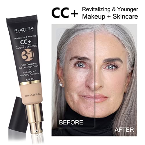 PHOERA CC Cream Foundation With SPF,PHOERA Full Coverage Foundation Color Correcting Cream,Anti Aging Hydrating Serum & SPF 25+ Sunscreen Natural Finish1.08 floz (120 Nude+140 Buff Beige)