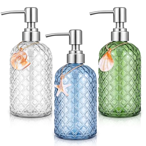 LemonRoad Coastal Glass Soap Dispenser Set 3pcs Ocean Themed Refillable Bathroom Kitchen Decor