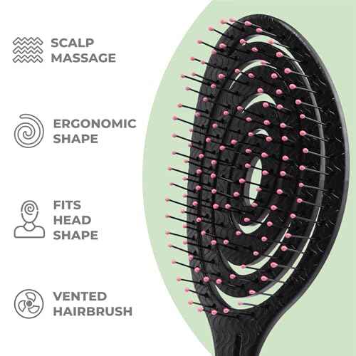 Ninabella Spiral Hairbrush - Detangle Hair Brush - For Brushing Wet or Blow Dry Hair - Detangler Vent Brush - Black with Pink