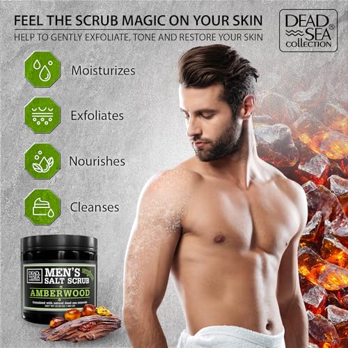 Dead Sea Collection Amber Wood Salt Body Scrub for Men - Large 23.28 OZ - with Pure Oils and Dead Sea Minerals