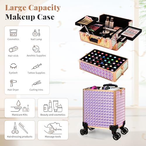 Rolling Makeup Train Case with Keys | Large Cosmetic Trolley Organizer