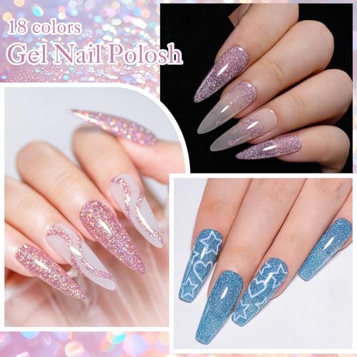 Reflective Glitter Gel Nail Polish Set, 18 Colors Including Pink Red Silver Holographic Gel Kit UV LED Soak Off Nail Polish Home DIY Manicure Salon Varnish