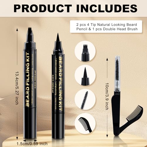 3 PCS Beard Pen Filler for Men - Black 4 Tip Pen for Natural Looking Appearance - 2 Fillers & 1 Double Head Brush - Waterproof Four Fork Eyebrow Pencil Eyeliner (Black)