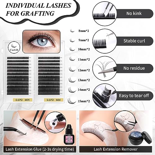 Eyelash Kit for Lash Extension, Lash Tech Supplies with Mannequin Practice Head, Lash Cluster, Lash Extension Glue, Eyelash Remover, Fan, Tweezers, Lash Training Tools Set for Beginners at Home