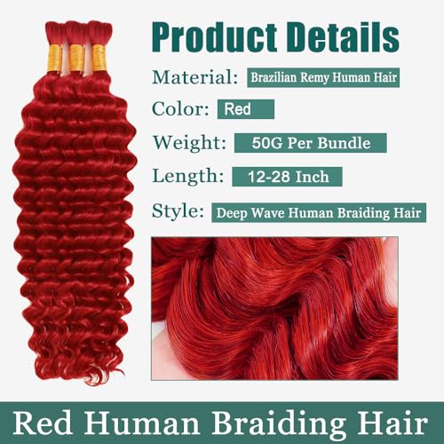 Bulk Red Boho Deep Wave Human Hair Extensions - 24 Inch Brazilian Braiding Hair, 3 Bundles