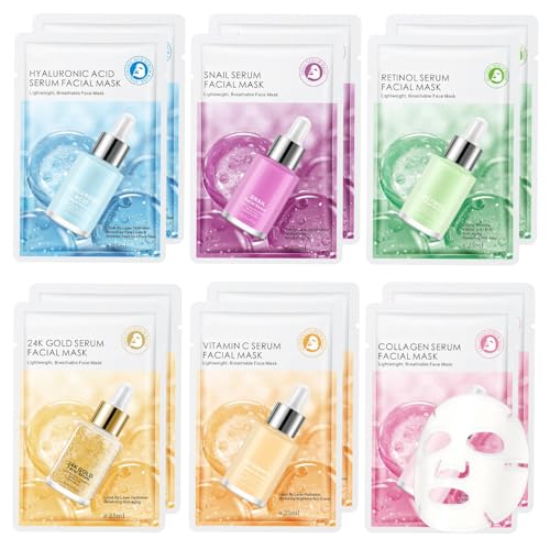 12 Pack Serum Sheet Masks,Facial Masks Skincare for Women,Hydrating & Moisturizing Face Masks for All Skin Types,Smooth,Nourishing,Lightweight