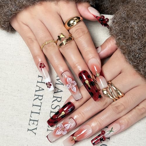 Rouge Sonata 10pcs Press On Nails for Women, Crimson Floral Golden Accent Acrylic UV Gel Wearable Nails, Korean Style Wine Red Gradient Cherry Blossom Fake Nails Set (Dark red, L)