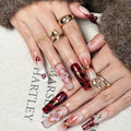 Rouge Sonata 10pcs Press On Nails for Women, Crimson Floral Golden Accent Acrylic UV Gel Wearable Nails, Korean Style Wine Red Gradient Cherry Blossom Fake Nails Set (Dark red, L)