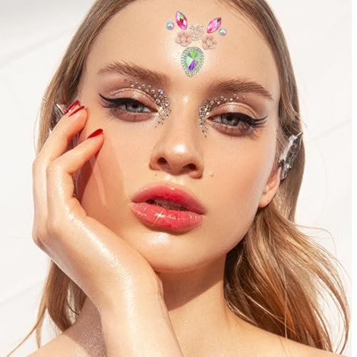 12Pcs Face Gems Stickers, Face Jewels with Diamond, Rhinestones Pearl Spring Flowers Forehead Sticker for Women Girls Decoration Festival Party Self-Adhesive DIY Body Art Decals