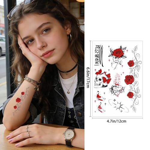 Red & Black Temporary Tattoos - 12 Sheets Waterproof Aesthetic Designs