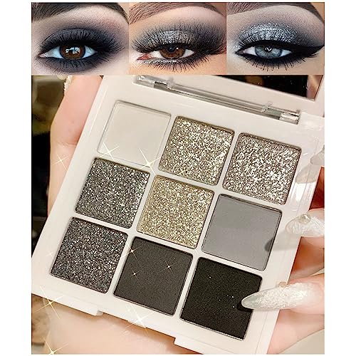 9-Color Smokey Grey Glitter Eyeshadow Palette | Waterproof