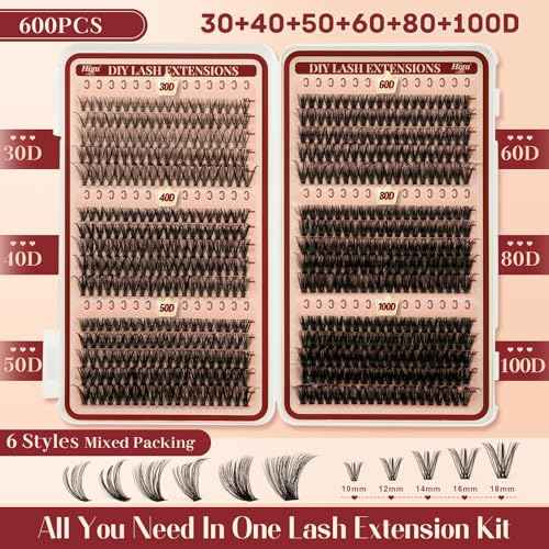 Higu clace Lash Clusters 600pcs 30D+40D+50D+60D+80D+100D Eyelash Clusters 6 Styles Mixed 10-18MM, Wispy Cluster Eyelash Extensions, Easy to Use, Can DIY at Home