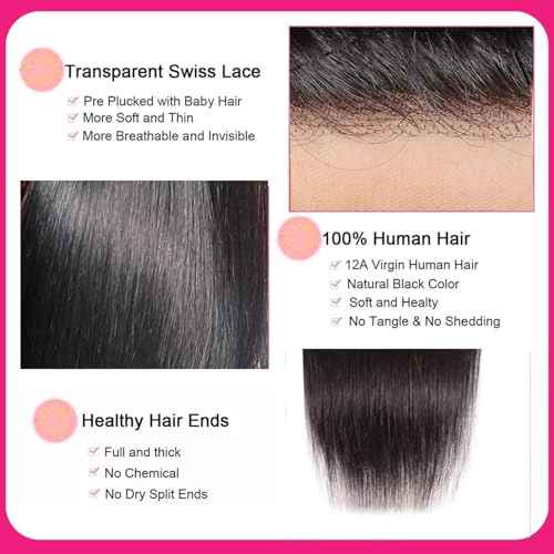 2x6 Hd Lace Closure, Middle part Straight Human Hair Closure Invisible Real HD Lace, 14 Inch 2 by 6 Skinlike Lace Frontal Closure Only Bleached Knot Pre-Plucked Natural Hairline Natural black 14inch