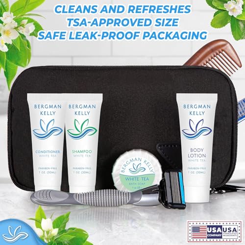 Bergman Kelly - Hotel Toiletries Bundle - White Tea, 1 oz ea, 125 Pieces - 5-Piece Set: 25 ea Rectangular Bar Soap, Shampoo, Conditioner, Body Lotion & Body Wash - Bulk Mini Guest Amenities