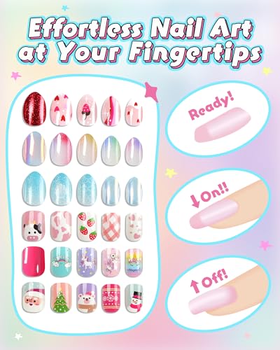 Kids Press On Nails, 24-Piece Glitter Fake Nail Kit Ages 5-12