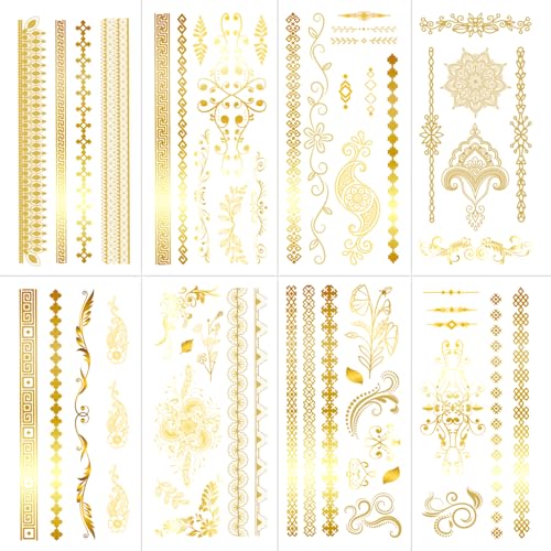 8 Sheet Gold Metallic Temporary Tattoos for Women