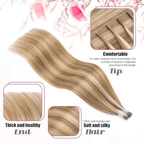 I Tip Hair Extensions Human Hair, 50g 50s 20 Inch Ash Brown Mix Bleach Blonde Remy Itip Human Hair Extensions Invisible Itips Straight I Tips Fusion Extensions Real Human Hair #8/613