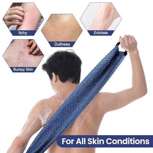 Japanese Exfoliating Loofah Back Scrubber - Shower Bath Towel for Men & Women (2 Pack Blue, 33.4" x 11.8")