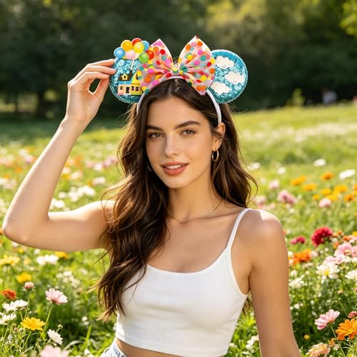 Bianbaistar Blue Balloon Mouse Ears Headband with Cloud & House Accents - Vibrant Party Accessory