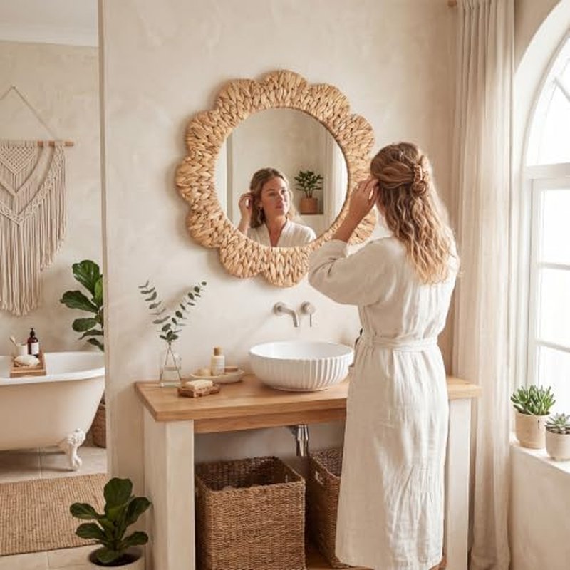 24 Inch Boho Wall Mirror Handwoven Water Hyacinth Scalloped
