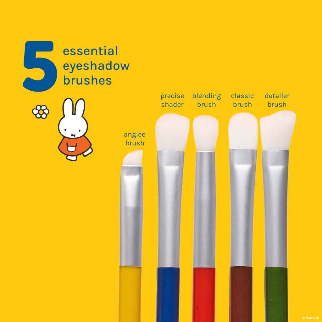 The Crème Shop Miffy Everyday Essentials Eyeshadow Brush Set and Travel Bag, Cute Miffy Pouch, 5 Eye Makeup Brushes, Korean Beauty, Blending Brush, Shading Brush, Precise Brush, Angled Shading