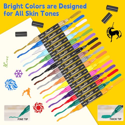 Temporary Tattoo Markers Kit - 16 Colors, 80 Stencils, Dual-End
