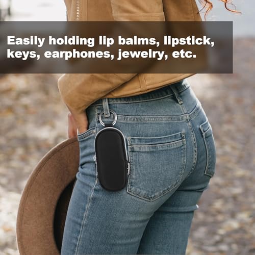 Portable Lip Balm Organizer Case with Keychain, Travel Chapstick Holder Storage Bag, Waterproof Small Cosmetic Organizer, Anti-Lost Lipstick Lip Gloss Sleeve Pouch Keeper Case (Black, Large)