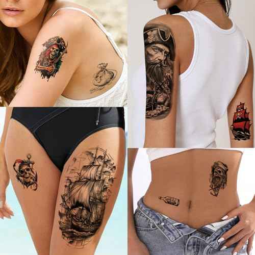 77 Sheets Temporary Tattoo, 17 Sheets Half Arm Pirate Captain Skull Compass Fake Tattoos for Women Men, 60 Sheets Pirate Anchor Sword Flag Realistic Tiny for Adult Kids Body Tattoos Stickers