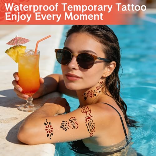 136 PCS Henna Tattoo Kit, Hena Tattoos Kit for Face Body Art Painting for Women Men Adult, Henna Tattoo Stencils with 6 Tattoo Cones 3 Colors for Festivals Wedding Party