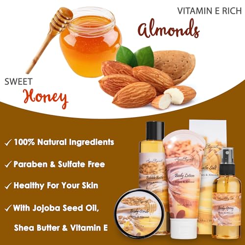 Bath Spa Gift Sets - Luxury Basket With Honey & Almond - Spa Kit Includes Wash, Bubble Bath, Lotion, Bath Salts, Body Scrub, Shower Puff, Bathbombs, Soap and Towel