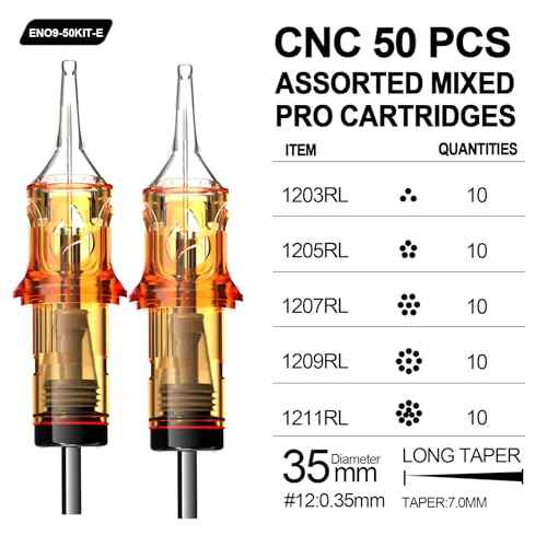 CNC 50PCS Tattoo Cartridge Needles Assorted Mixed Size #12 Round Liner - 1203RL 1205RL 1207RL 1209RL 1211RL with Membrane Professional Disposable Tattoo Needles EN09-50KIT-E