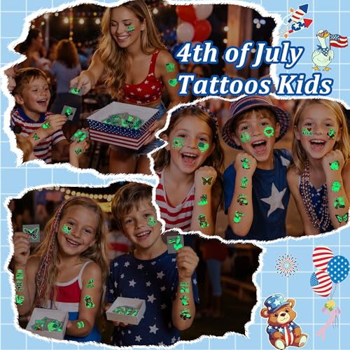 108 Glow in the Dark 4th of July Temporary Tattoos for Kids
