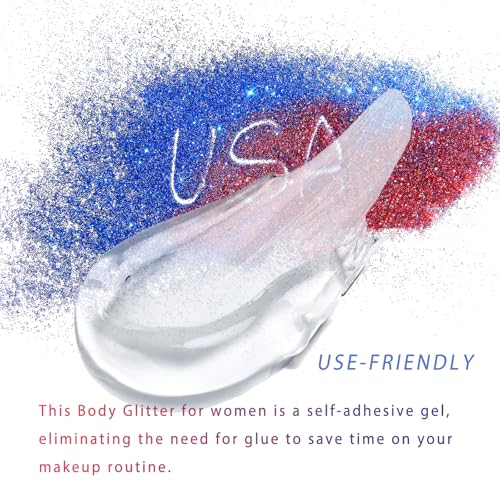 Red White and Blue Body Glitter, Hair Glitter, Red White and Blue Accessories USA Flag Pride Face Glitter, Hair Gel for Independence Day Women Reflective Glitters Makeup Accessories