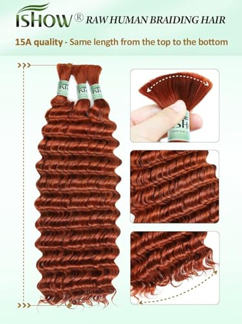 ISHOW 15A Deep Wave Bulk Human Hair, 18 Inch, Dark Ginger, 3 Packs