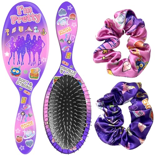 Purple Paddle Hair Brush Gift Set with Satin Scrunchies for Girls