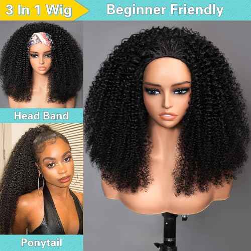 Kinky Curly Half Wig Human Hair 200 Density 3 In 1 Drawstring Seamless Flip Half Wigs Wear Go Glueless Wigs Human Hair 18 Inch Curly Half Wig for Women Drawstring Headband Wig Beginner Friendly