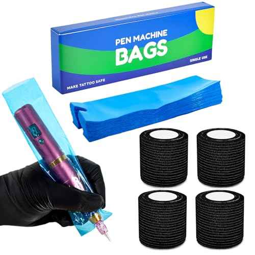 Tattoo Machine Covers with Tape Wrap, 200Pcs Large Pen Bags and 4Pcs Grip Wrap, Tattoo Machine Wrap Covers Pen Sleeves Combination Supplies