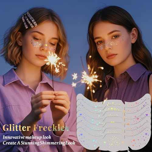 24pcs Glitter Freckles Makeup Patches-Holographic-Face Glitter Speckles, Sparkle Speckles Patches for Women, Cute Sparkling Fake Freckles, Glitter Freckles Face Tattoo, Musical Festival Accessories