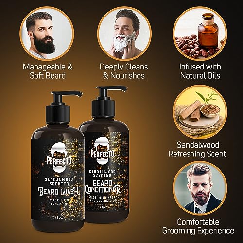 Perfecto Beard Wash & Beard Conditioner Set with Argan and Jojoba Oils - Strengthens and Softens - Natural Sandalwood Scent