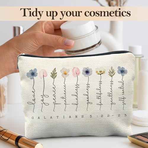 Christian Gifts Makeup Bag, Floral Christian Cosmetic Bags for Women, Galatians 5:22-23 Bible Verse Makeup Pouch, Faith Based Gifts Zipper Pouch