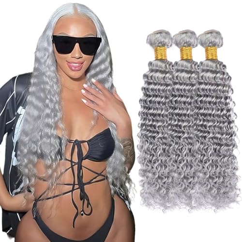 Brazilian Grey Deep Wave Hair 3 Bundles 22" Virgin Human Hair